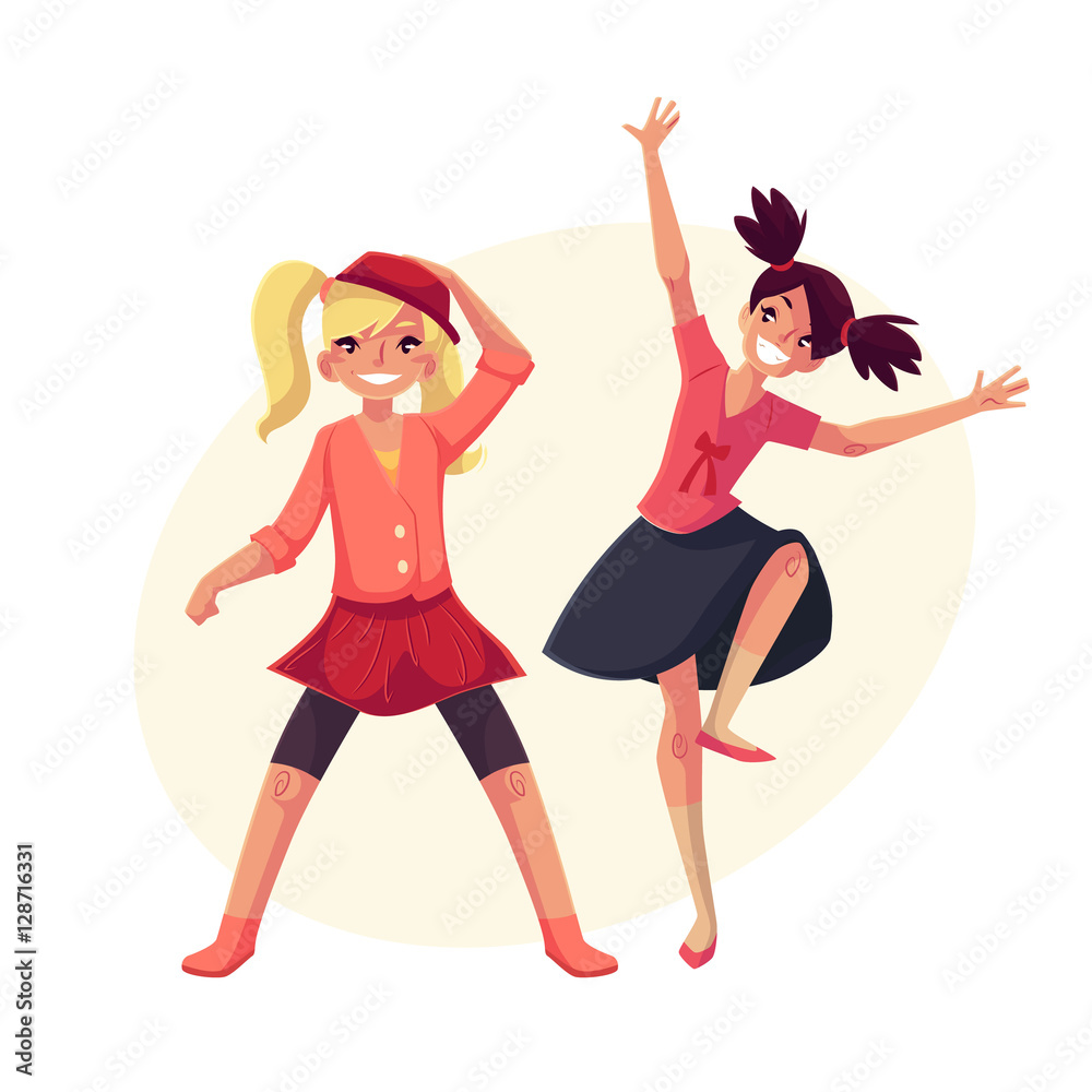 Full length portrait of teenaged girls in pink clothes dancing, cartoon style vector illustration isolated on yellow background with place for text. Smiling two girls with ponytails dancing Full length portrait of teenaged girls in pink clothes dancing, cartoon style vector illustration isolated on yellow background with place for text. Smiling two girls with ponytails dancing