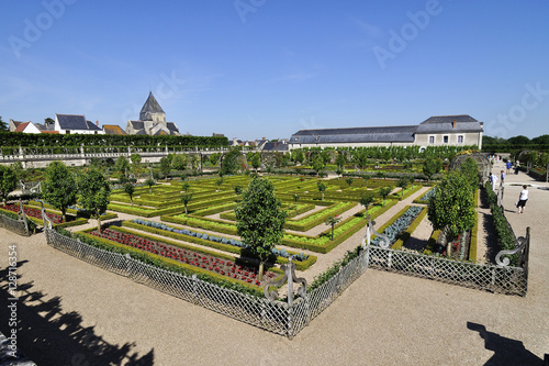 VILLANDRY, FRANCE - JUNE,2013 - Garden with Castle Villandry. The Chateau of Villandry is the last of the great chateau of the Loire built during the Renaissance in the Loire Valley.