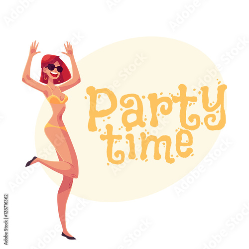 Young slim woman with short red hair in bikini dancing, cartoon style invitation, greeting card design. Party invitation, advertisement, Young and beautiful red haired girl dancing