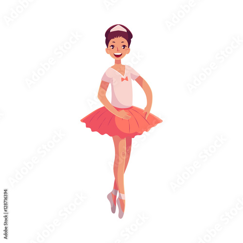 Pretty young ballerina in pink tutu standing on toes, cartoon style vector illustration isolated on white background. Little ballet dancer in pink tutu, classical ballet, first position, toe stand