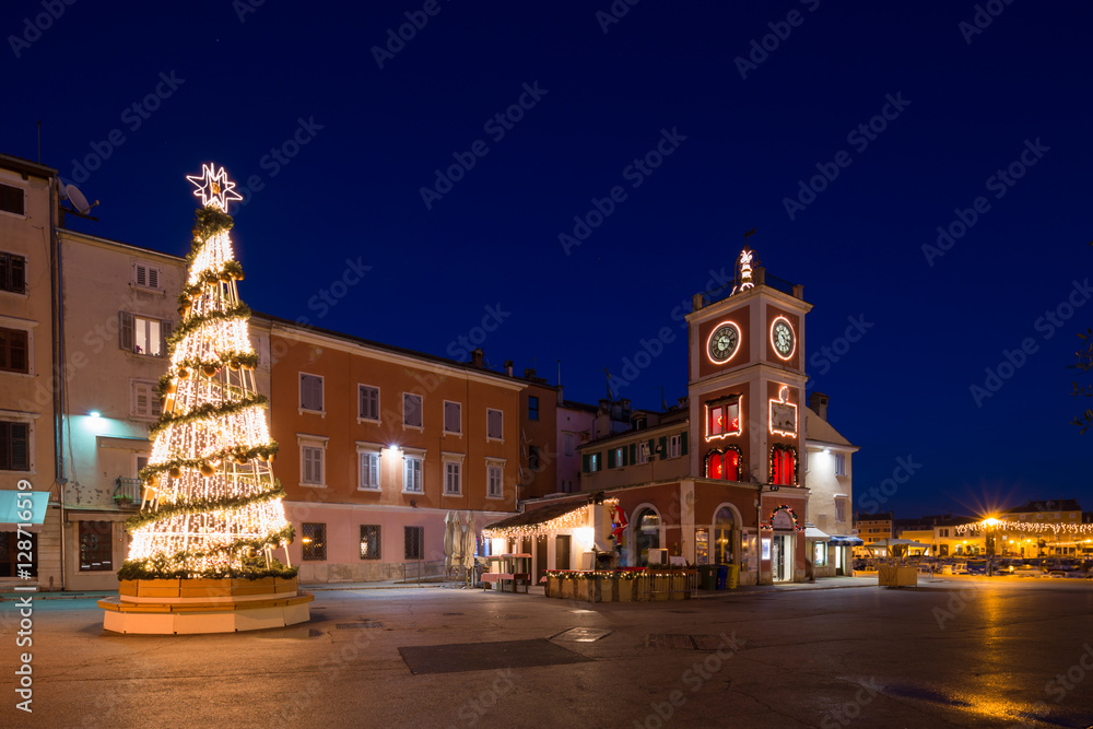 Christmas tree in Marshal Tito square. Rovinj. Croatia.