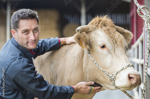 farmer in barn with a cow