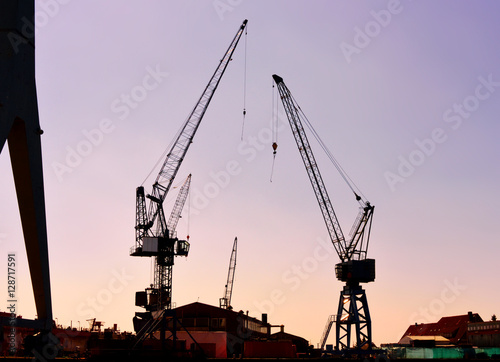Harbor cranes in the sunset or sundown, freight shipping or container harbor scene.