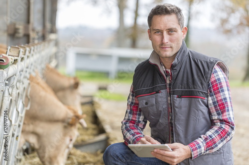 Slika na platnu Farmer in barn using digital tablet