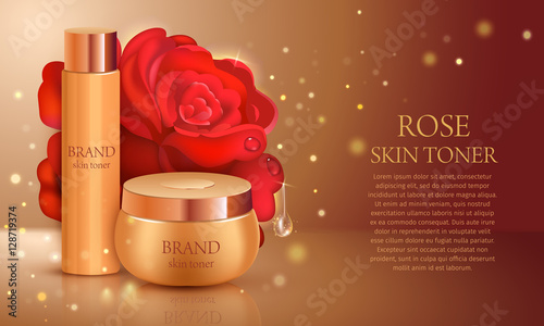 Skin toner contained in bottle and cosmetic jar. Vector illustration