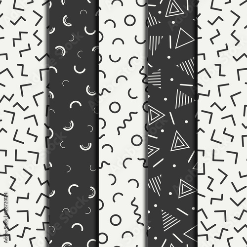 Retro memphis geometric line shapes seamless patterns set. Hipster fashion 80-90s. Abstract jumble textures. Black and white. Zigzag lines. Memphis style for printing, website, fabric design, poster.