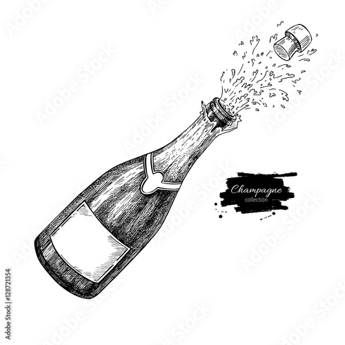 Champagne bottle explosion. Hand drawn isolated illustrat