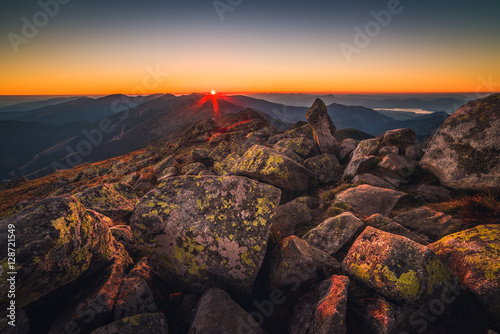 Obraz na płótnie Rocky Mountain Peak. Landscape at Sunset. View from Mount Dumbier in Low Tatras National Park, Slovakia. w salonie