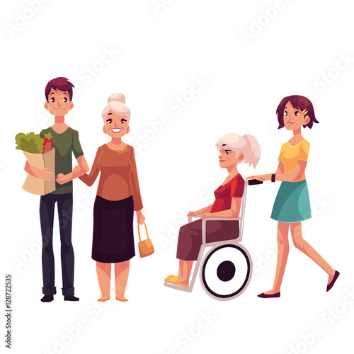 Helping grandmother with shopping and strolling her in wheelchair, cartoon vector illustration isolated on white background. Grandchildren carrying shopping bags ands strolling wheelchair for grandma