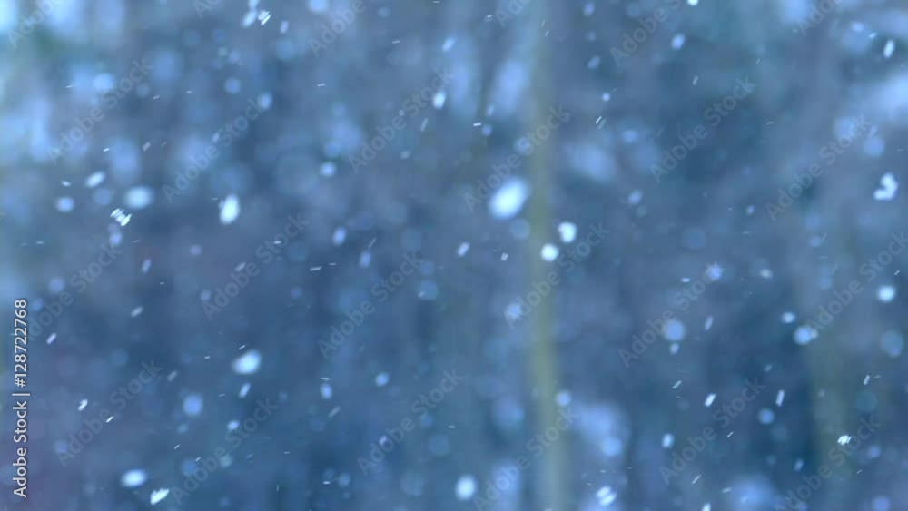 Snow gracefully falling in sunlight, slow motion, perfect winter background loop.
