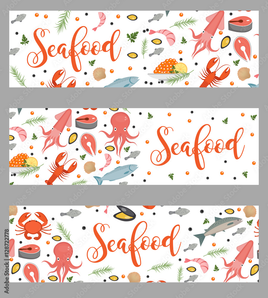 Sea food horizontal banner, flat style. Seafood template for your design. Underwater world, sea life. Vector illustration