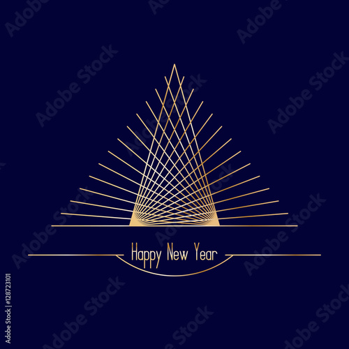 Linear graphic stylized art deco Christmas tree with rays on dar