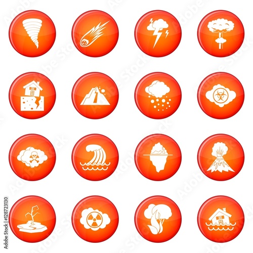 Natural disaster icons vector set of red circles isolated on white background