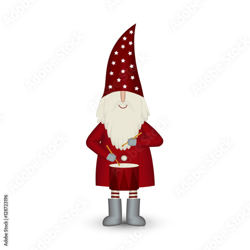 Nisse Santa Claus scandinavian folk style, nordic Christmas motive in red coat, musician with drum isolated on white background, vector illustration