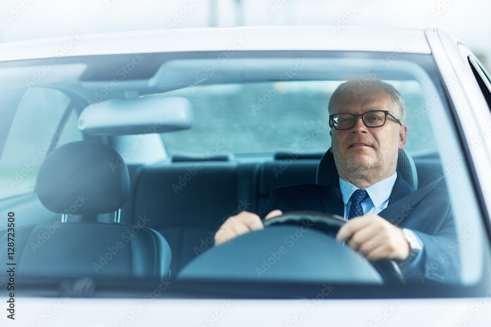 happy senior businessman driving car