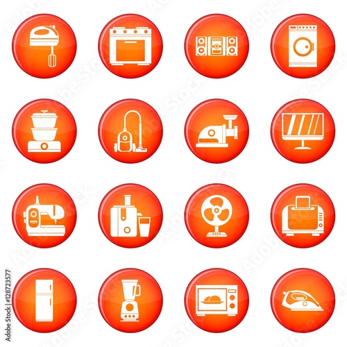 Household appliances icons vector set of red circles isolated on white background