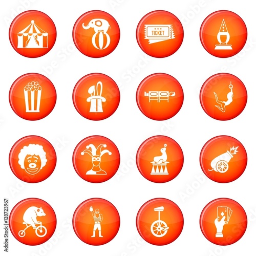 Circus entertainment icons vector set of red circles isolated on white background