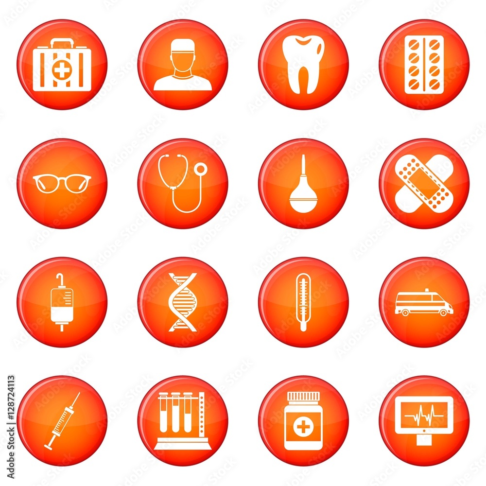 Medicine icons vector set of red circles isolated on white background