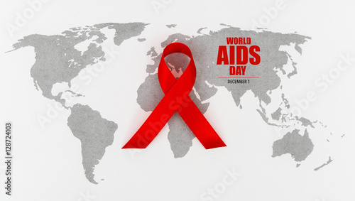 Aids Awareness Red heart Ribbon on world map .