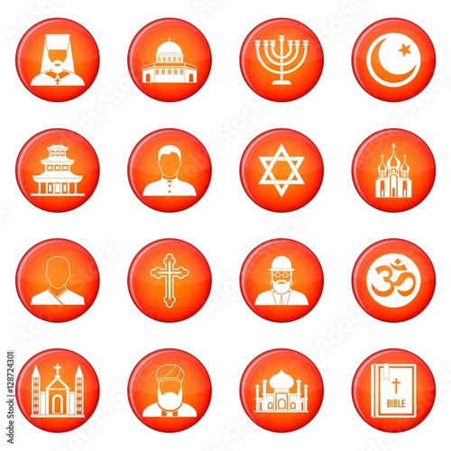 Religion icons vector set of red circles isolated on white background