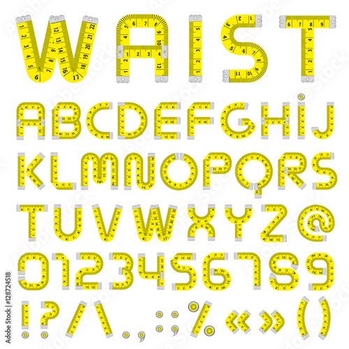 Measure tape alphabet texture cartoon with numbers isolated on white background. English font measure tape apphabet set vector illustration