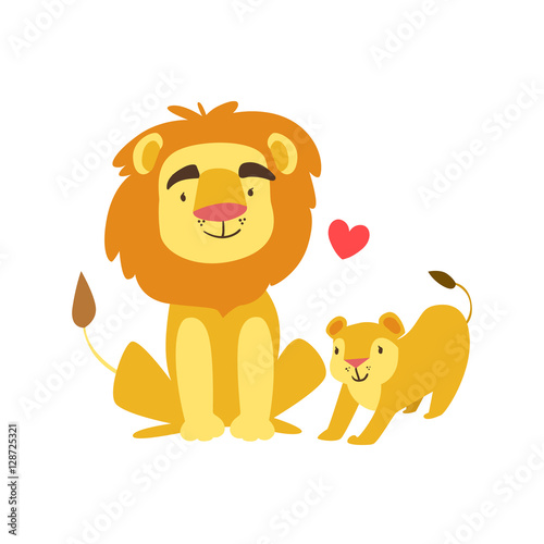Lion Dad Animal Parent And Its Baby Calf Parenthood Themed Colorful Illustration With Cartoon Fauna Characters