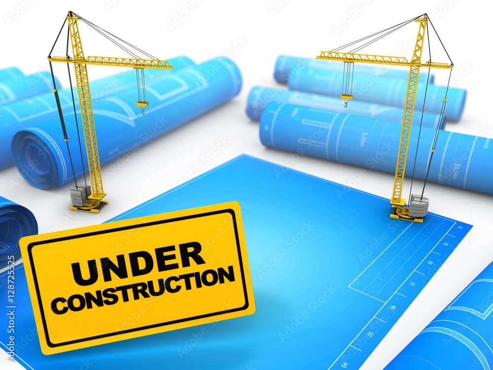 3d illustration of cranes over blueprints background with under construction sign 3d illustration of cranes over blueprints background with under construction sign