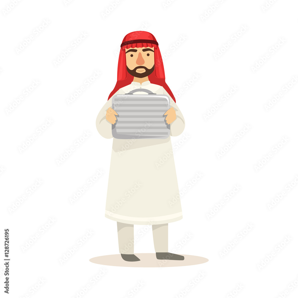 Arabic Muslim Businessman Dressed In Traditional Thwab Clothes And Wearing Headdress Kufiya Working In Financial Business Sphere Holding Metal Money Suitcase Arabic Muslim Businessman Dressed In Traditional Thwab Clothes And Wearing Headdress Kufiya Working In Financial Business Sphere Holding Metal Money Suitcase