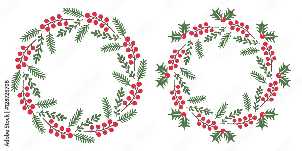 Christmas wreath isolated on white background. Used for greeting card, web and banner design. Christmas round frame. Vector set