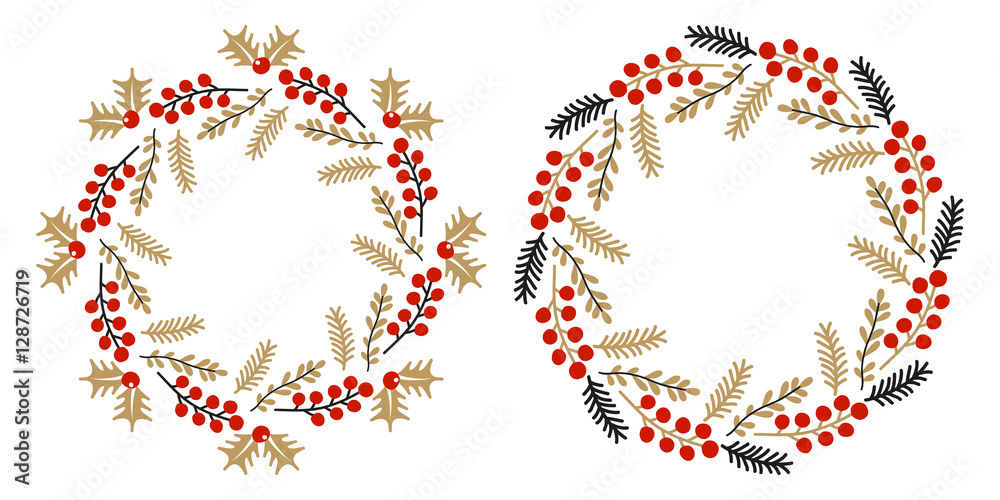Christmas wreath isolated on white background. Used for greeting card, web and banner design. Christmas round frame. Vector set
