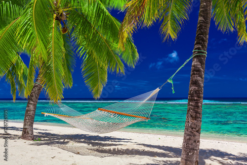 Fototapeta Naklejka Na Ścianę i Meble -  Hammock between palm trees on tropical beach of Rarotonga, Cook