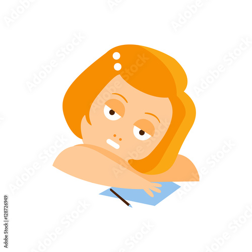 Little Red Head Girl In Red Dress Daydreaming Writing A Letter Flat Cartoon Character Portrait Emoji Vector Illustration
