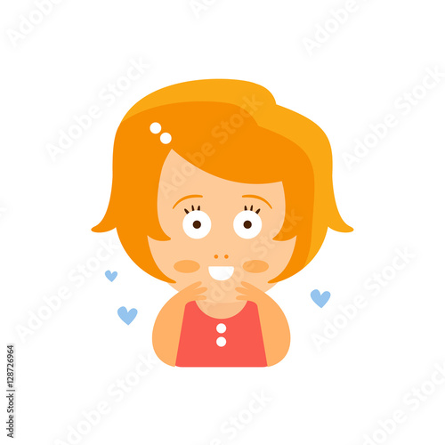 Little Red Head Girl In Red Dress In Love Blushing Flat Cartoon Character Portrait Emoji Vector Illustration