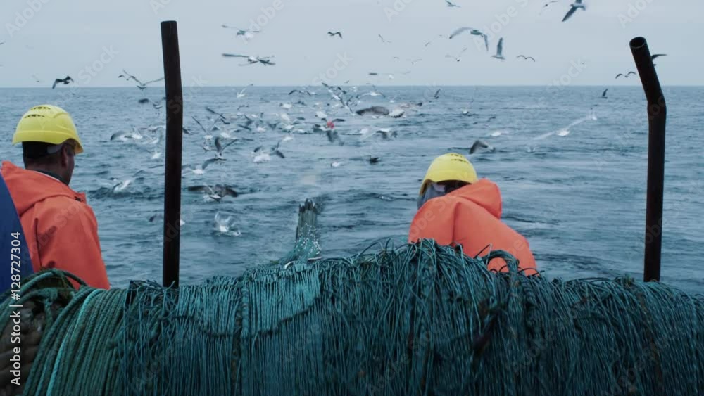 Crew of Fishermen Work on Commercial Fishing Ship that Pulls Trawl Net. Shot on RED Cinema Camera in 4K (UHD). 