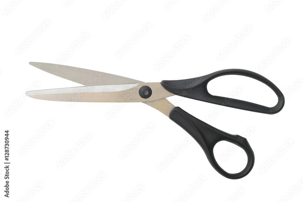 Metal scissors with black pen on white background Metal scissors with black pen on white background