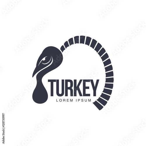 Stylized abstract side view turkey graphic logo template, vector illustration on white background. Black and white side view abstract turkey for business, farm, poultry logo design