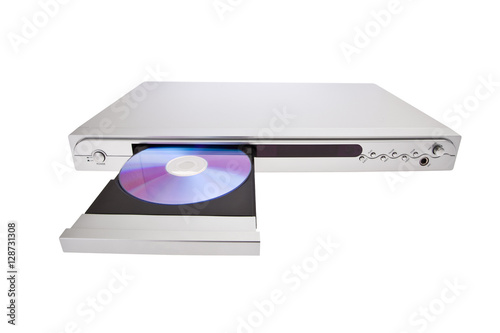 DVD player ejecting disc with isolated on white background.