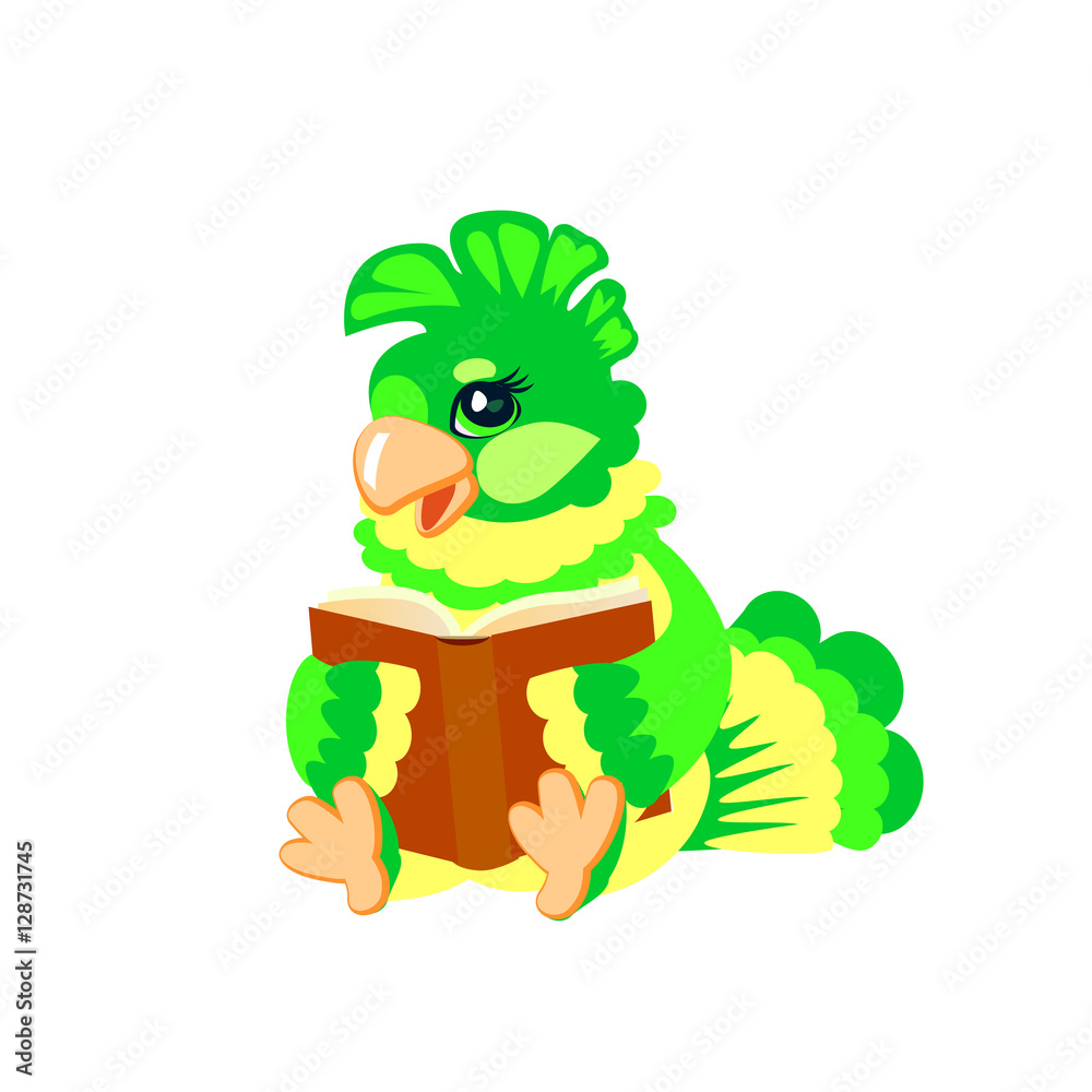 Obraz premium Children s character bird, a bright parrot reading book.