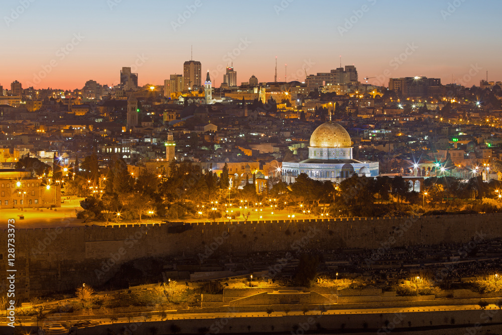 Jerusalem - The outlook from Mount of Olives to old city at dusk.