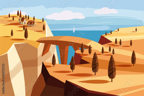 Fantastic mountain landscape. Bridge, mountain village, the gulf, trees, ocean, sea, Cartoon style, vector illustration