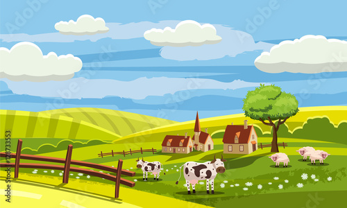 Lovely country rural landscape, cow grazing, farm, flowers, pasture, Cartoon style, vector illustration