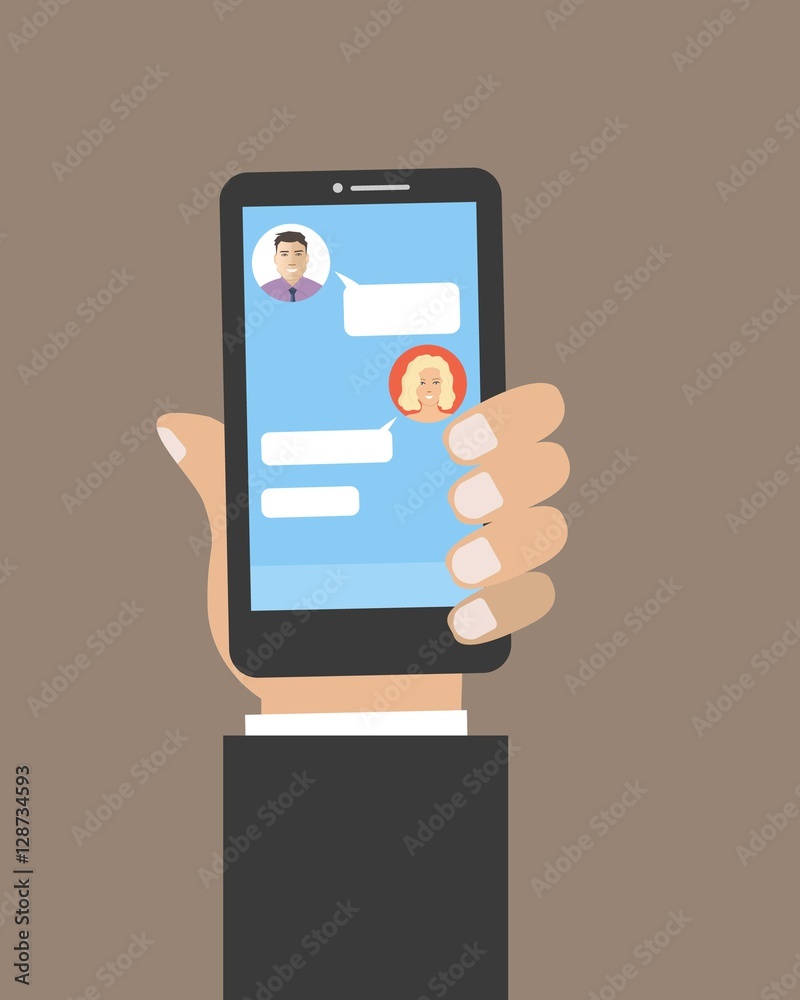 Chat connection icon. There is a hand, holding a phone, in the picture. Vector illustration Chat connection icon. There is a hand, holding a phone, in the picture. Vector illustration