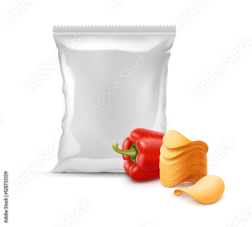 Vector Stack of Potato Crispy Chips with Paprika and Vertical Sealed Empty Plastic Foil Bag for Package Design Close up Isolated on White Background