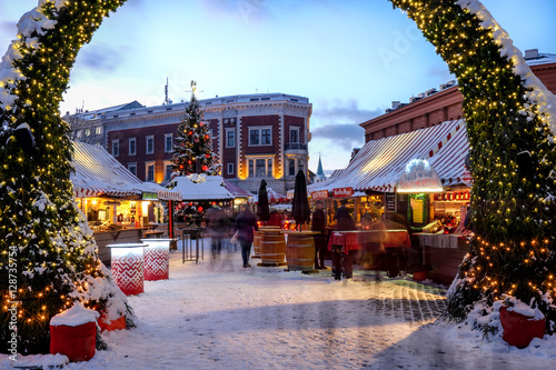 Christmas market at the Dome square in Riga Old Town, Latvia.