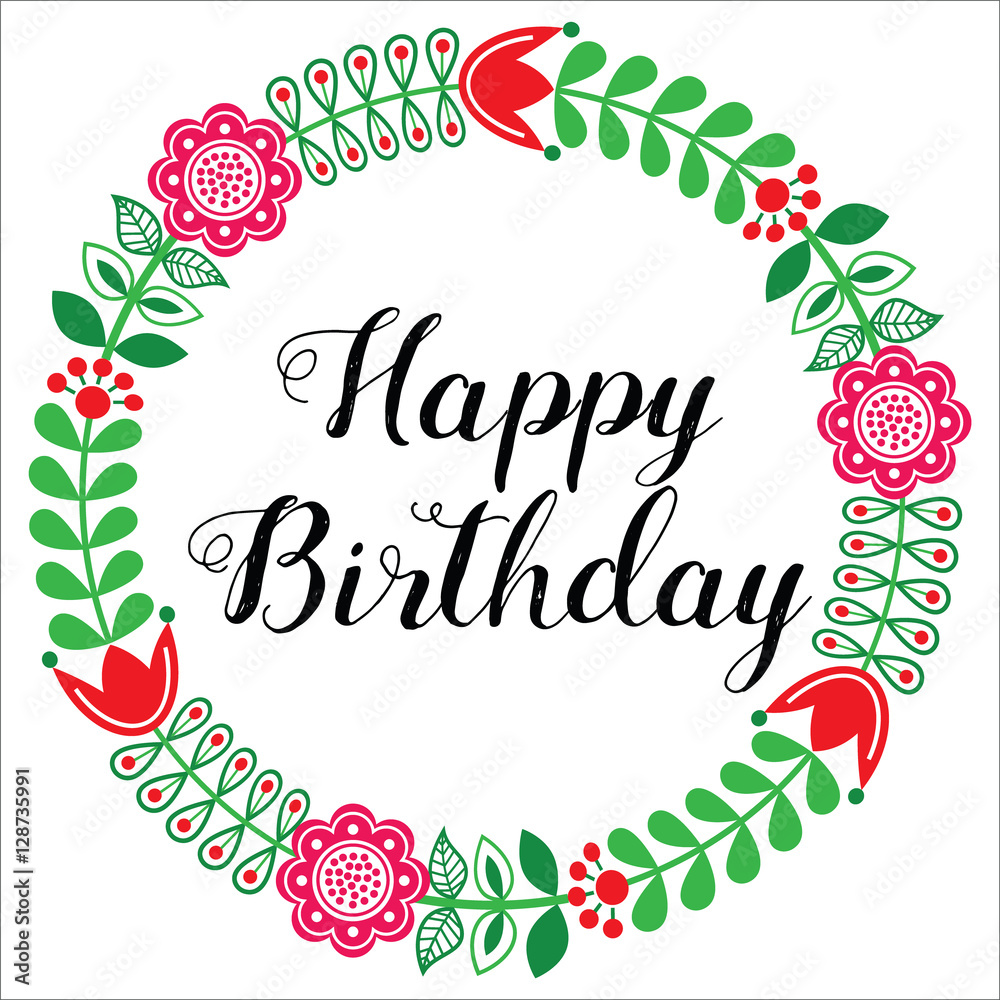 Happy Birthday greetings card Scandinavian folk art style Stock