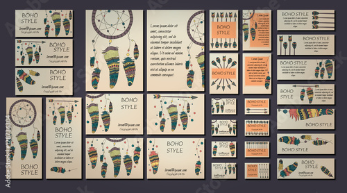 Boho design brochure and business card templates with dreamcatcher, arrow, feather tribal ethnic elements. Vector illustration.