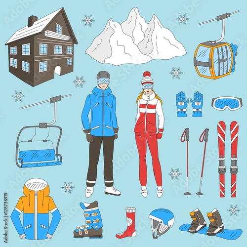 Ski resort icons set snowboarder man and woman, resort hotel, mountains, funicular, chairlift, winter sport equipment, isolated hand drawn doodle vector illustration.