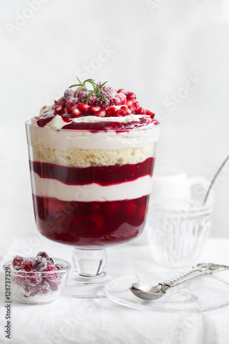 Trifle. Festive layered dessert in glass.