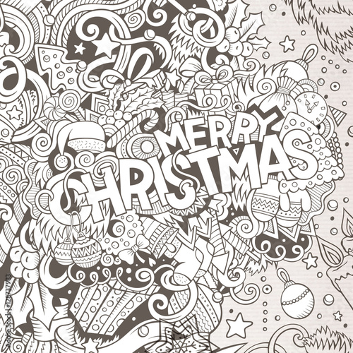 Cartoon cute doodles hand drawn Merry Christmas illustration