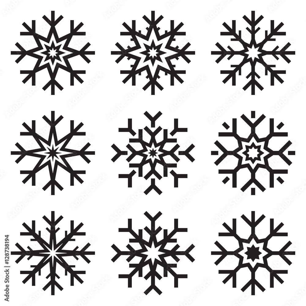 Nine vector snowflakes set on white background, winter icons silhouette, ice stars, vector elements for your holiday design projects